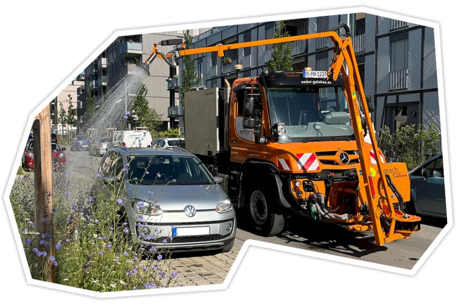 Grünflächenbewässerung mit Unimog, GPS-Dokumentation, Grünflächenpflege